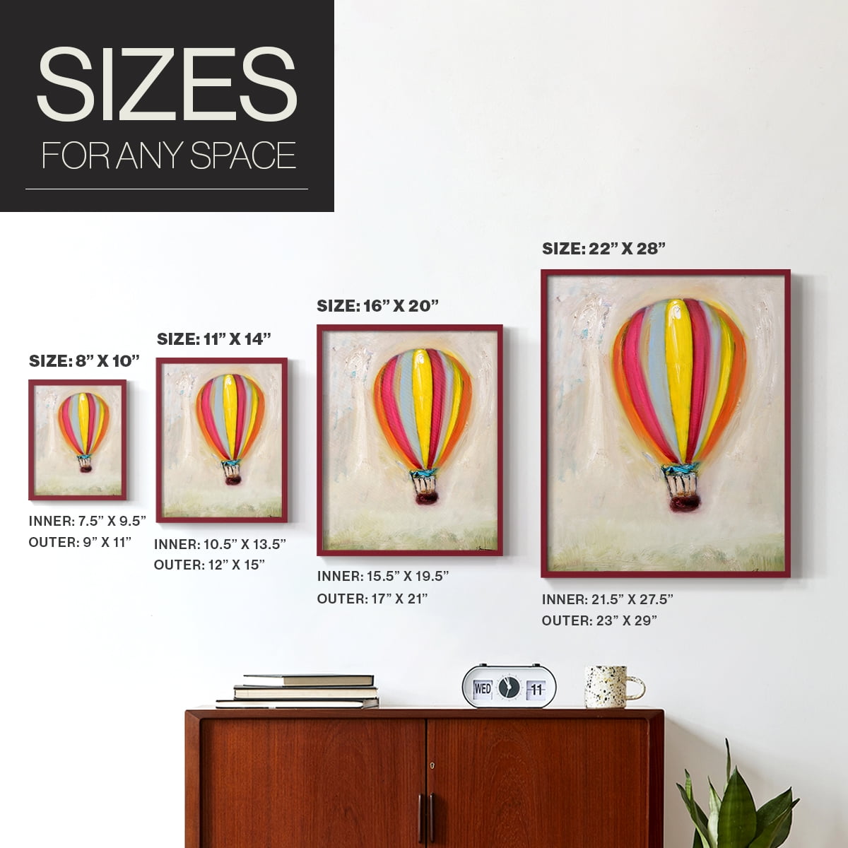 Lucky Hot Air Balloon Framed Print in Red Solid Wood Framed Print No Nail Hanging
