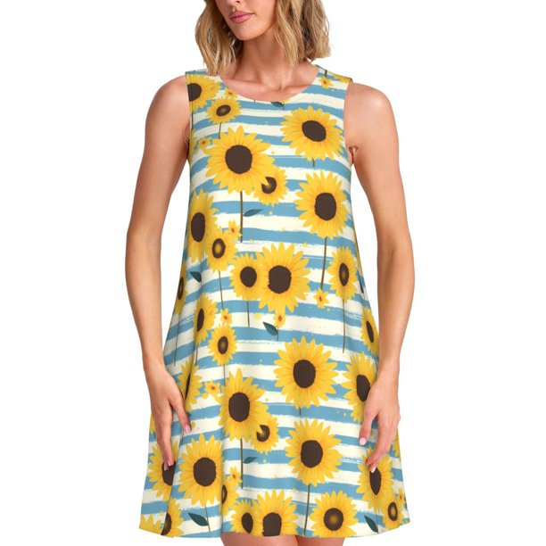 Disketp Blue White Striped Sunflower A para Vestido sin Mangas para Mujeres, Vestidos de Verano para Mujeres, Casual y Holgado para la Playa