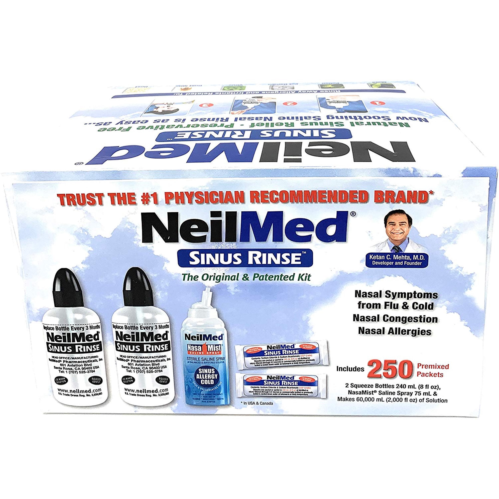 NeilMed Sinus Rinse - 2 Squeeze Bottles, Nasalmist Saline Spray and 250 Packets