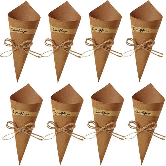 BZUEPRS 50Pcs Kraft Paper Cones Bouquet Wrapping Paper Cones Candy Gift Flower Paper Cones Holder with Hemp Ropes for DIY Wedding Table Decor Party Gift Packaging, Brown