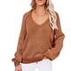thumbnail image 1 of Jersey con cuello en V, Top de punto, moda, transpirable, manga larga, suéter suelto de punto para mujer, Café XL, 1 of 6