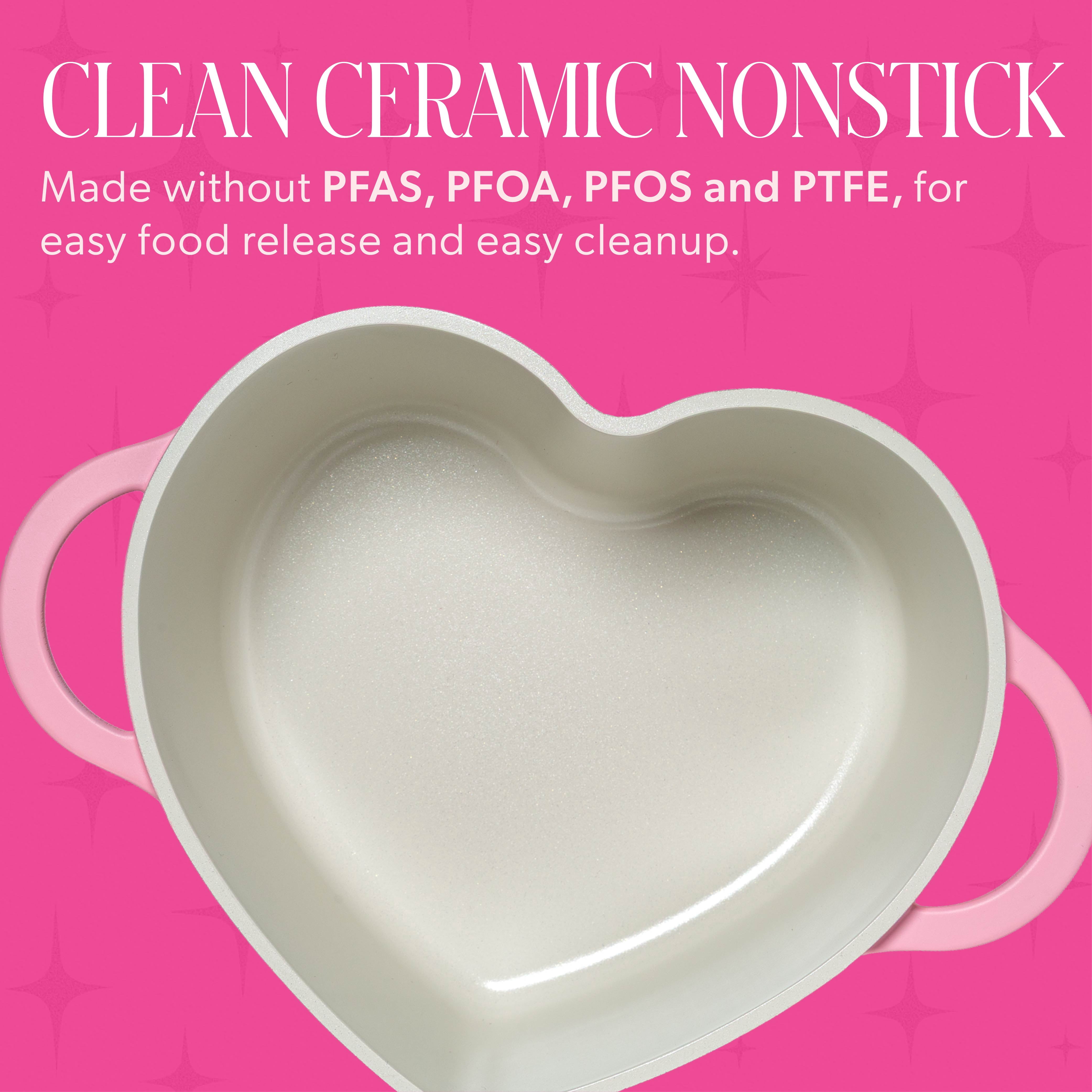 Paris Hilton 2.2-Quart Ceramic Nonstick Cast Aluminum Heart-shaped Dutch Oven with Lid, Oven Safe, Dishwasher Safe, Pink