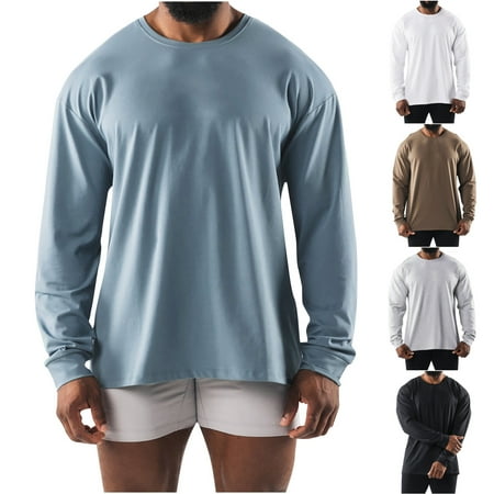 UVEASISHA Mens Long Sleeve T Shirts Loose Fit Crewneck Pullover Tops Pleated Casual Solid Color Basic Tees Cotton Comfy Fall Undershirt for Men 2025 Sales Today