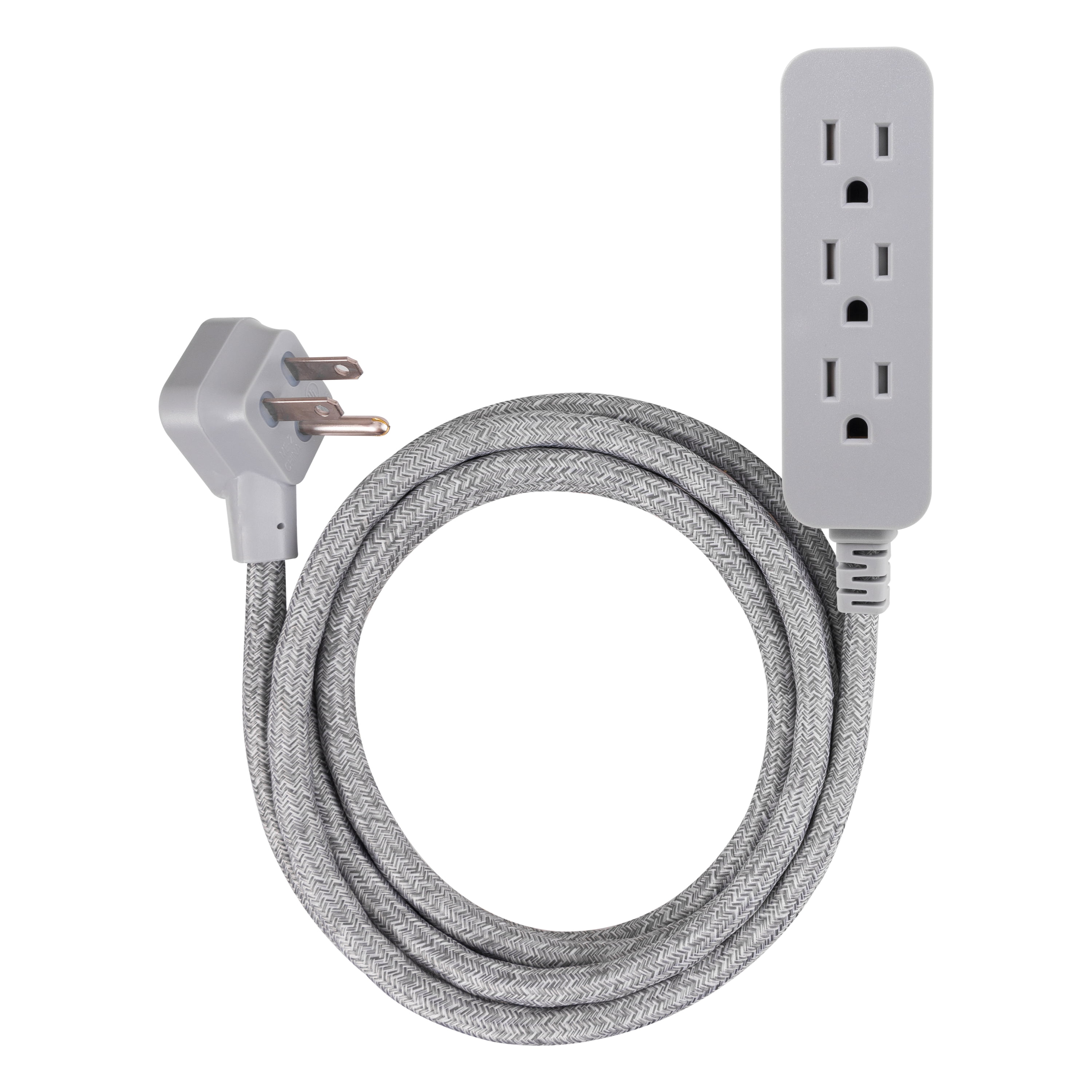 Flat Plug Heather Gray 8 ft Designer Braided Extension Cord 3 Outlet Surge Protector Power Strip 2 Pack 53252 GE 