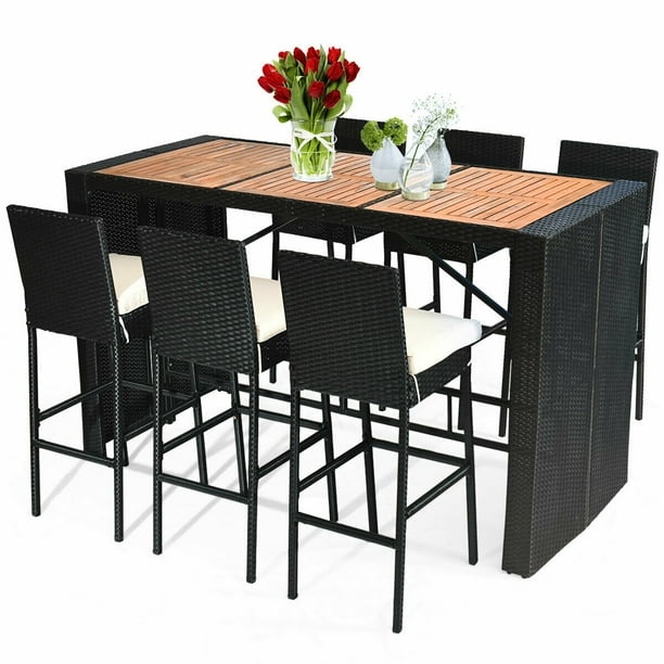 COSTWAY 7 PCS Patio Rattan Wicker Bar Dining Furniture Set wood Table