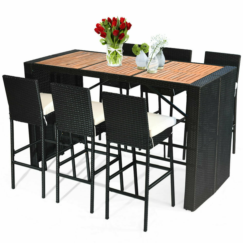costway 7 pcs patio rattan wicker bar dining furniture set wood table