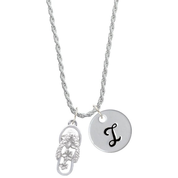 Delight Jewelry Silvertone White Open Plumeria Flower Flip Flop Silvertone Script Initial Disc - I - Charm Necklace, 20"+3"