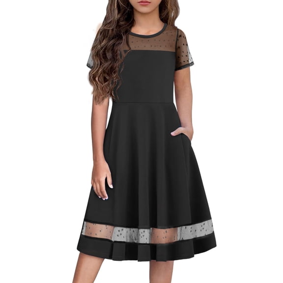 Arshiner Tween Girls Dress Formal Contrast Mesh Short Sleeve A Line Party Dresses with Pockets