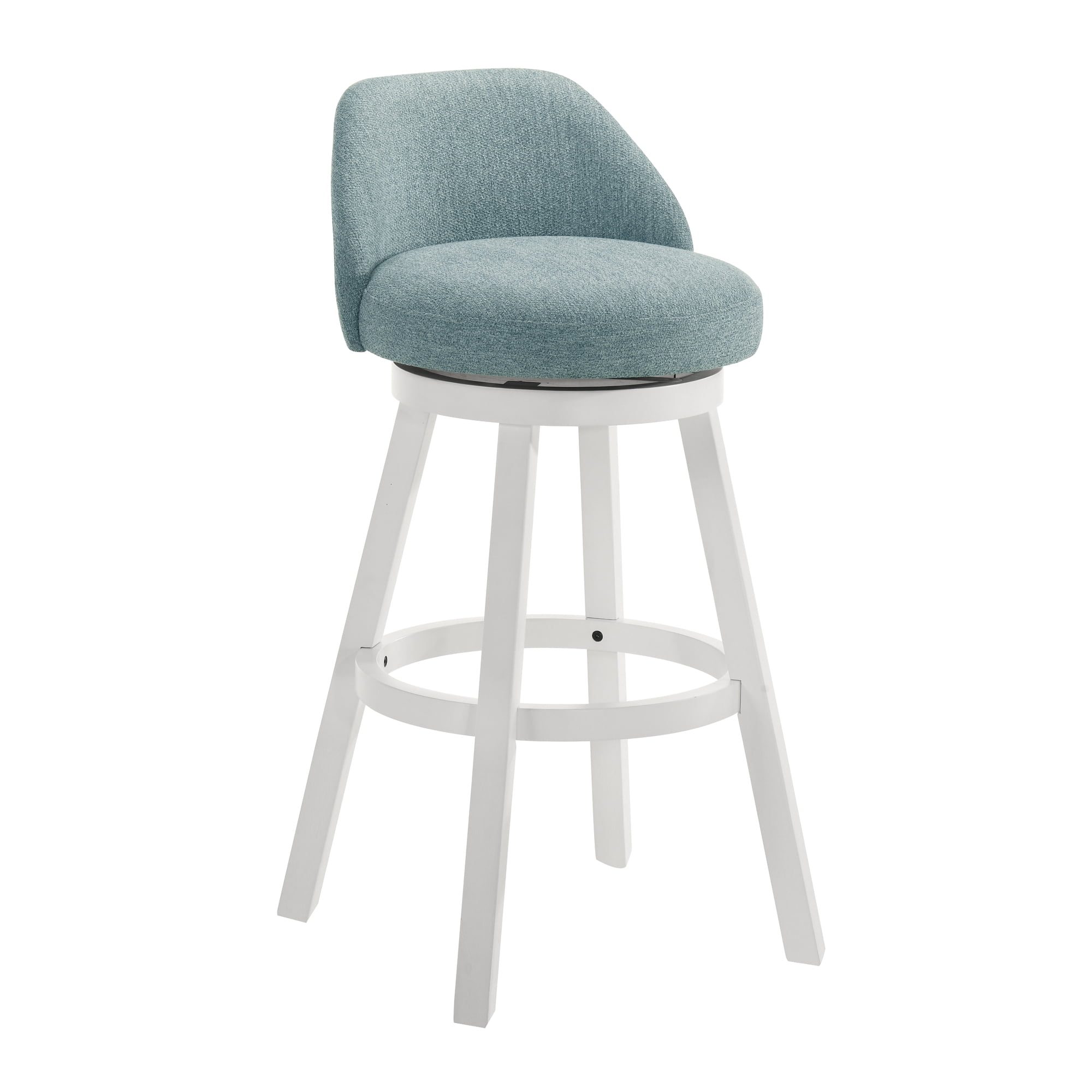 Erika Modern Transitional Swivel Wood Bar Height Kitchen Bar Stool in White Finish with Light Blue Fabric Upholstered Seat - Set of 4