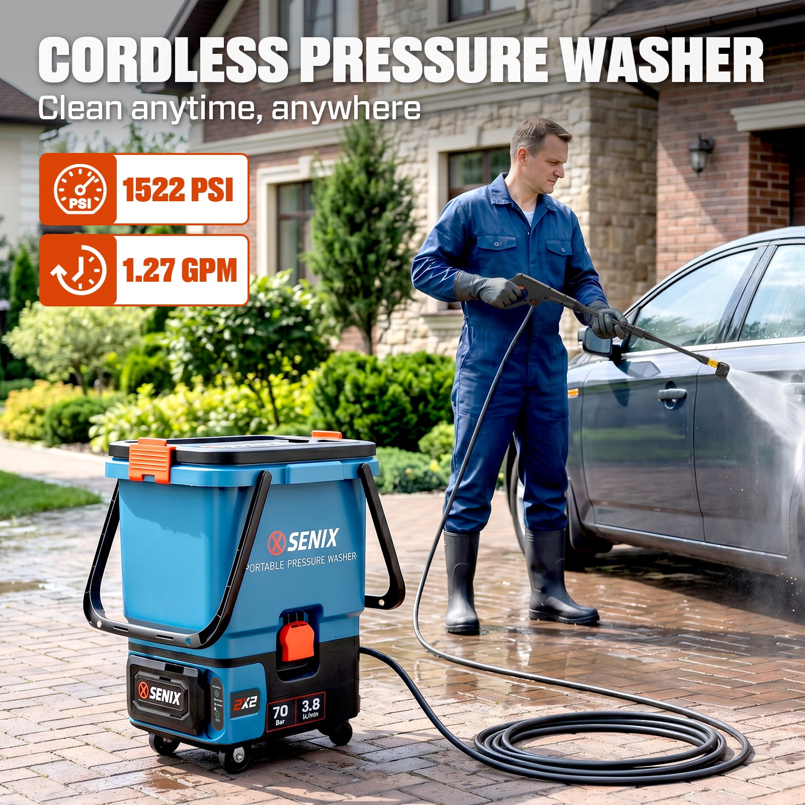 SENIX 1522 PSI 40V Brushless Cordless Pressure Washer, 1.27GPM Portable Power Washer with 5-in-1 Adjustable Nozzle, 16.4ft Hose, 2 x 5.0Ah Batteries & Dual-port Charger Included, HPWX2-M2