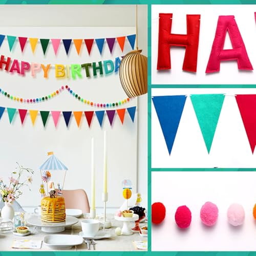 Colorful Felt Ball Birthday Banner Garland, Rainbow Triangle Pennant Flags for Party Decorations, Bulk Multicolor Bunting String for Celebrations