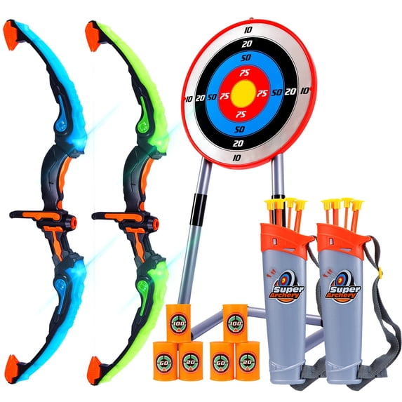 Juiluna Kids Bow and Arrow, Kids Archery Set, 2 LED Light Up Bows, 12 Suction Cup Arrows, 2 Quivers, 7 Targets, Kids Outdoor Toys Garden Games Gifts