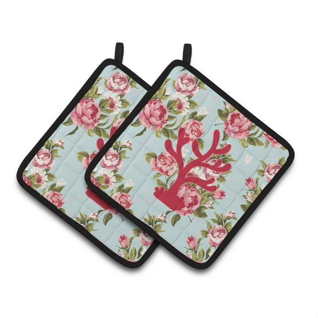 ""Caroline's Treasures Coral Shabby Chic Blue Roses Par de agarraderas BB1101-RS-BU-PTHD 7.5HX7.5W Multicolor""