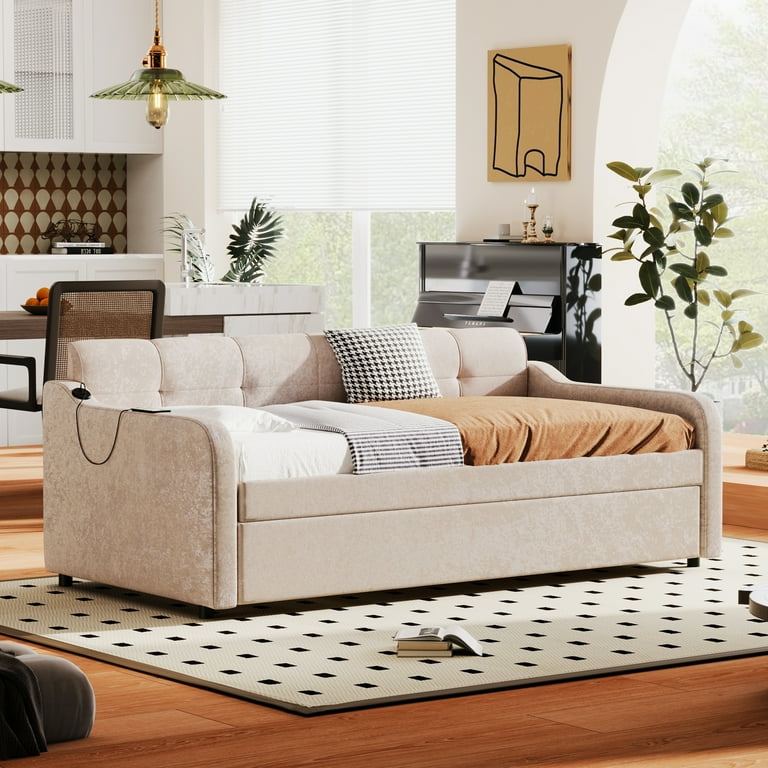 EUROCO Twin Size Upholstery DayBed with Convertible Trundle and USB Charging Station Snowflake Velvet Daybed Beige