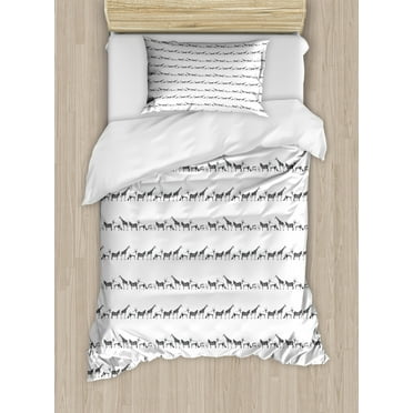 Animal Duvet Cover Set Twin Size, Monochrome Style Fauna Line with Zebra Giraffe Antelope and Rhino Pattern, Decorative 2 Piece Bedding Set with 1 Pillow Sham, Charcoal Grey White, by Ambesonne