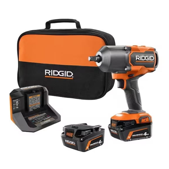 RIDGID 18V Brushless 1/2 in. High-Torque Impact Wrench Kit, 1300 ft./lbs. Breakaway Torque, (2) 4.0Ah Max Output Batteries & Charger - R86212KSB
