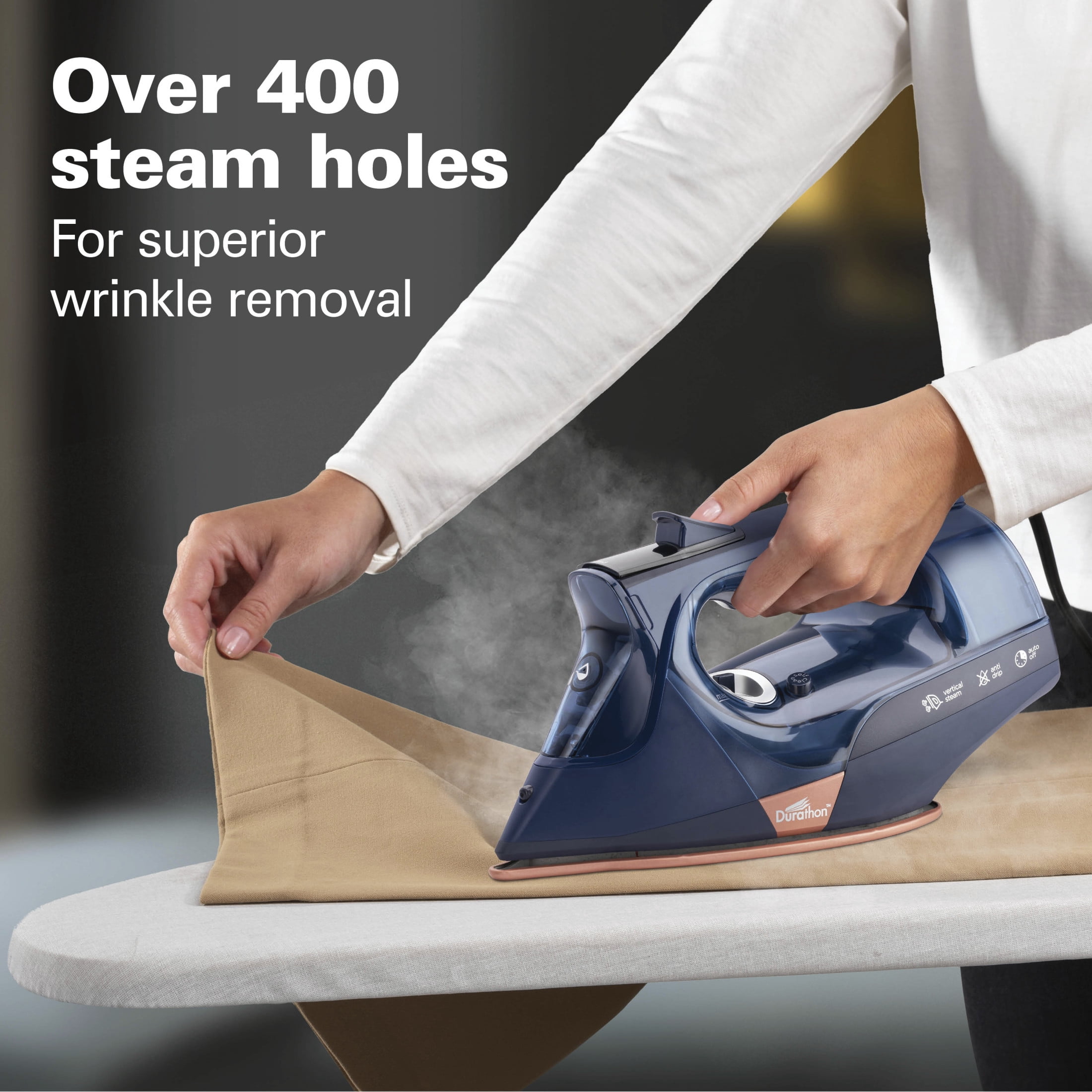Hamilton Beach Durathon Steam Iron for Clothes with Nonstick Soleplate, Over 400 steam holes, Auto Shut-Off, Anti-Drip, Extra long cord, 1500W, Navy