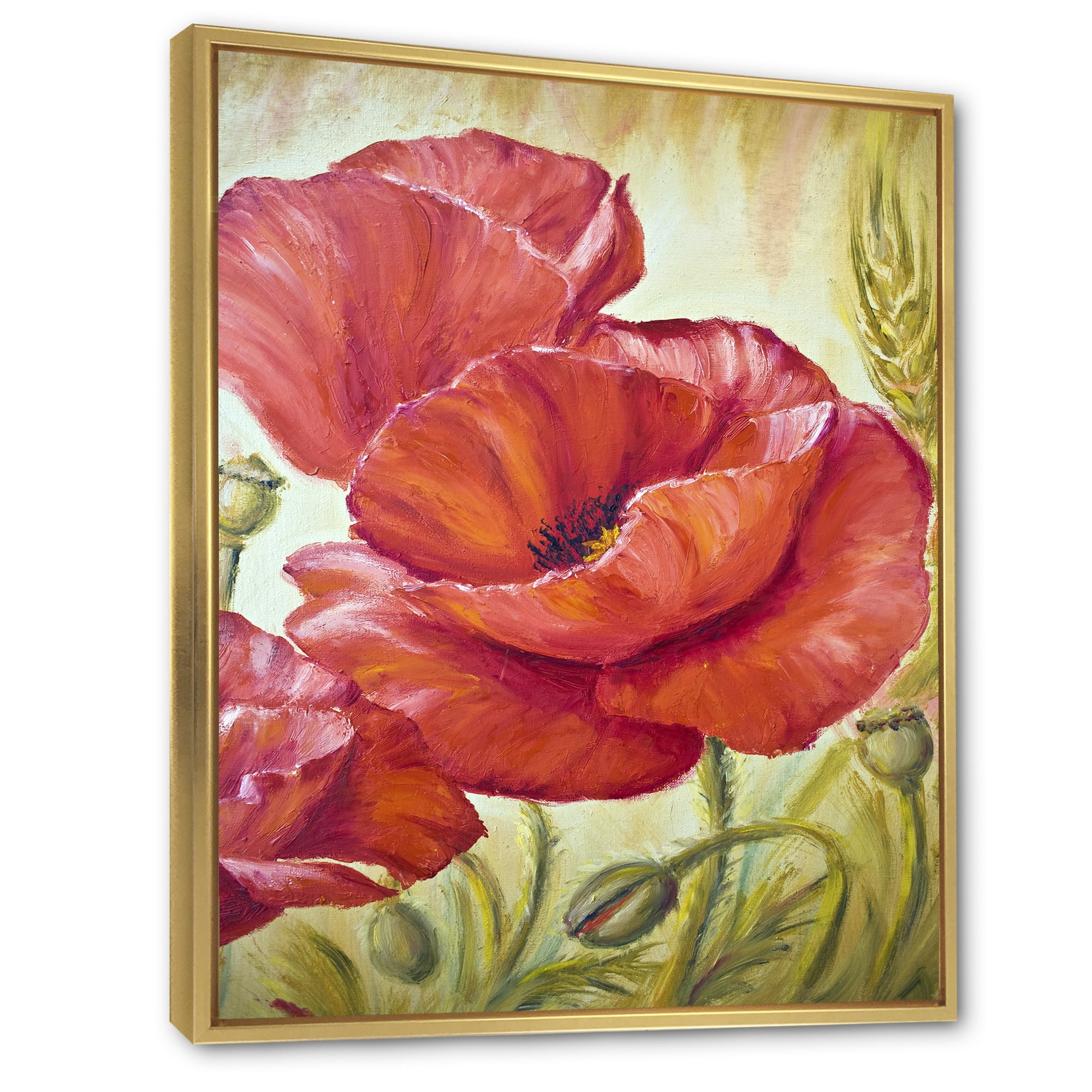 Designart 'Blossoming Red Poppies In Wheat Fields I' Traditional Framed Canvas Wall Art Print