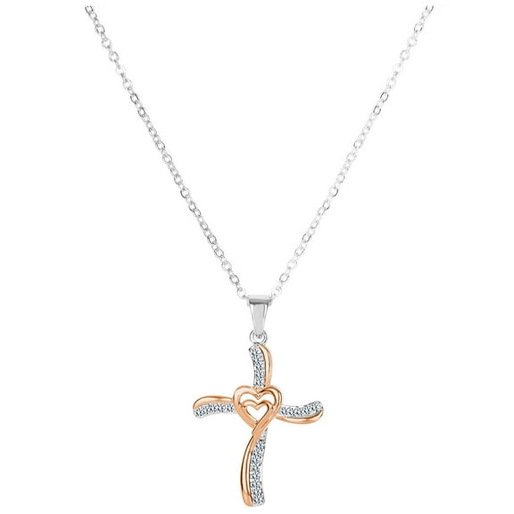 Forever New .10 Carat T.W. Diamond Sterling Silver and 18kt Rose Gold over Sterling Silver Cross with Center Heart Pendant, 18"
