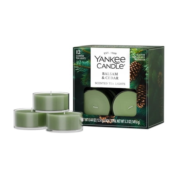 Yankee Candle Scented Tea Light Candles, Balsam & Cedar, Green, 12 Count