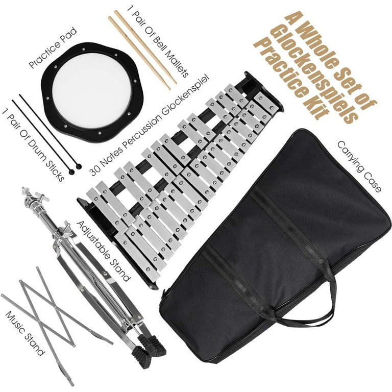 Lunalazeo 32 Note Professional Glockenspiel Xylophone Bell Kit with  Adjustable Stand Music Stand Practice Pad Carry Bag for Adult Beginner  Students
