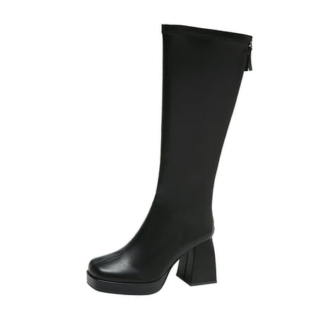 

Qufokar Womens Rubber Boots Wide Calf Knee High Boots for Women Size 10 Ladies Fashion Solid Color Leather Square Toe Back Zip High Heel Boots