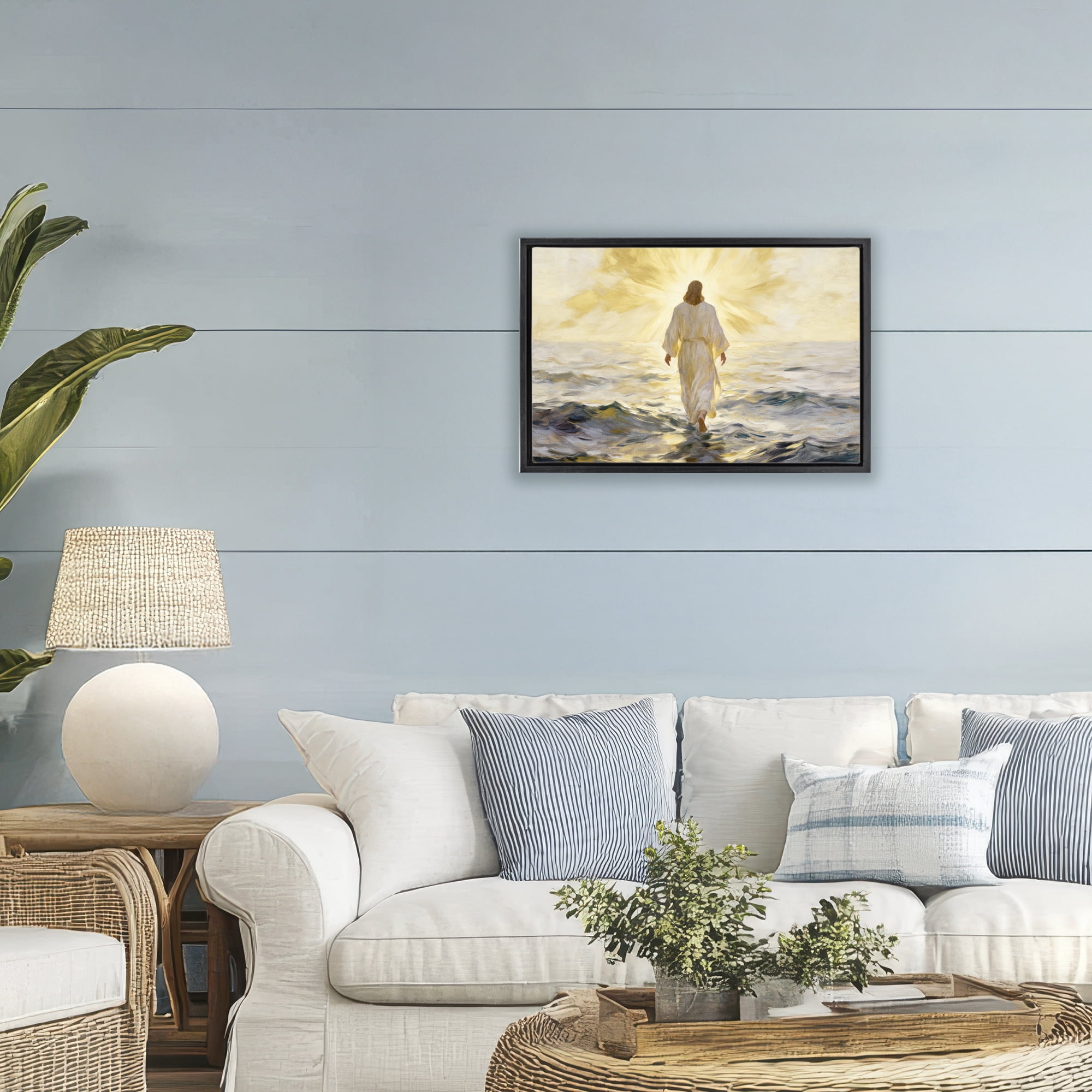 Stupell Industries Golden Walk Spiritual Figure Black Framed Floater Canvas Wall Art, design by Kim Allen