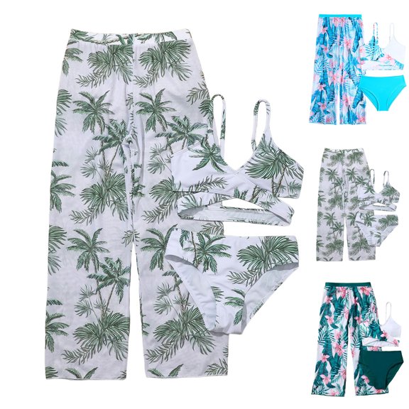 Pandaie Girls Swimsuit 3 Piece Bikini Bathing Suit Criss Cross Swimwear Sets with Mesh Cover Up Pants Floral Summer Vacation Beachwear 10-11 Years Dark Green