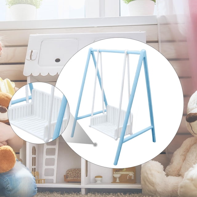Swing de porche en miniatura 1: 12 con soporte de muebles en miniatura DIY ACCS MINI JARDÍN azul y