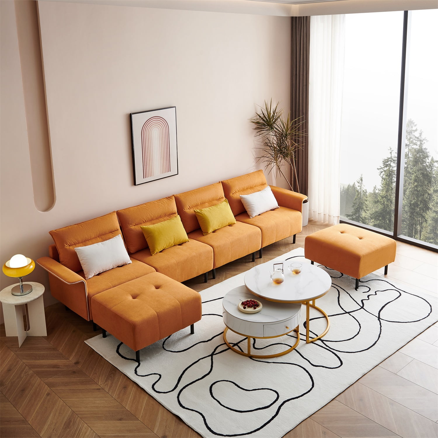Kadyn U-Shaped Sectional Sofa, Convertible Modular Sectional sofa with 2 Removeable Ottoman and 4 Pillows, Reversible Sectional Couch for Living Room, Orange