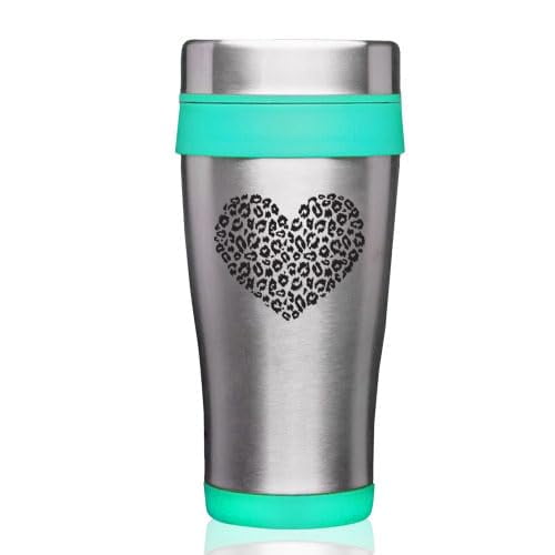 16oz Insulated Stainless Steel Travel Mug Coffee Mug Tumbler Leopard Print Love Heart (Teal)