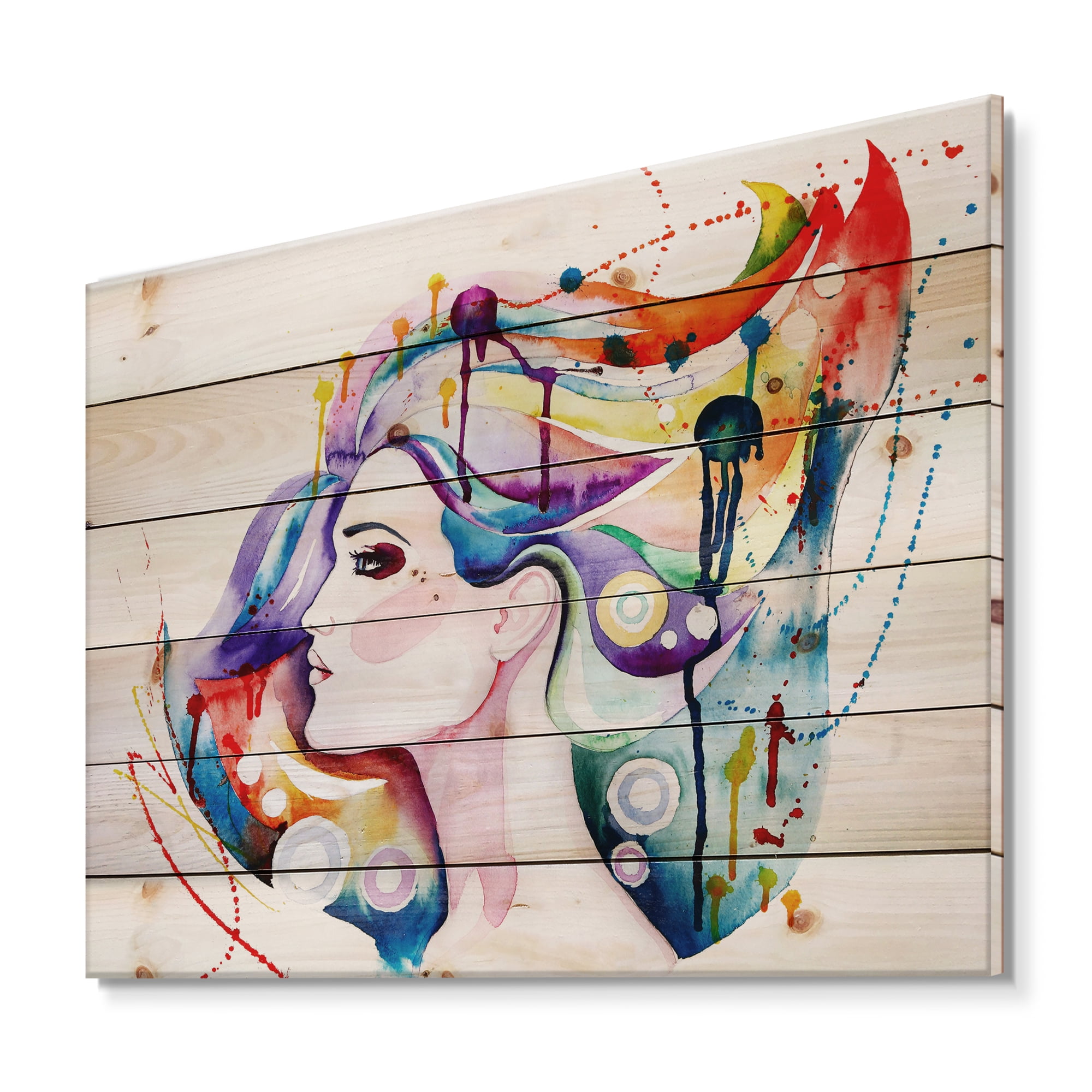 Designart 'Beautiful Young Woman With Colorful Hair' Traditional Print on Natural Pine Wood