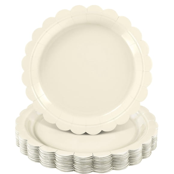 NatNarr 30 Pcs Ivory Paper Plates 9 Inch Disposable Scalloped Cream Plates Cute Beige Dessert Cake Plate Party Dinner Pl