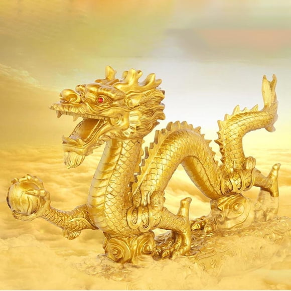 Elodie Traditional Chinese Feng Shui Dragon Statue Resin Dragon Figurine Noble Gold L