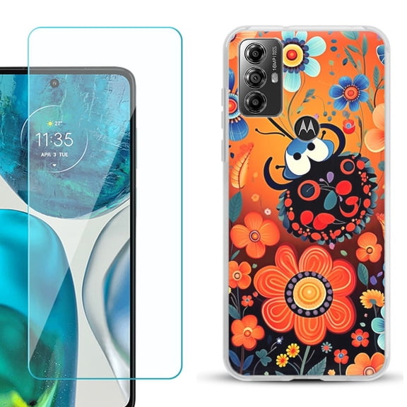 OneToughShield ® for Motorola Moto G Play 2023 Shockproof Fashion Phone Case, with Tempered Glass Screen Protector - Ladybug Flower