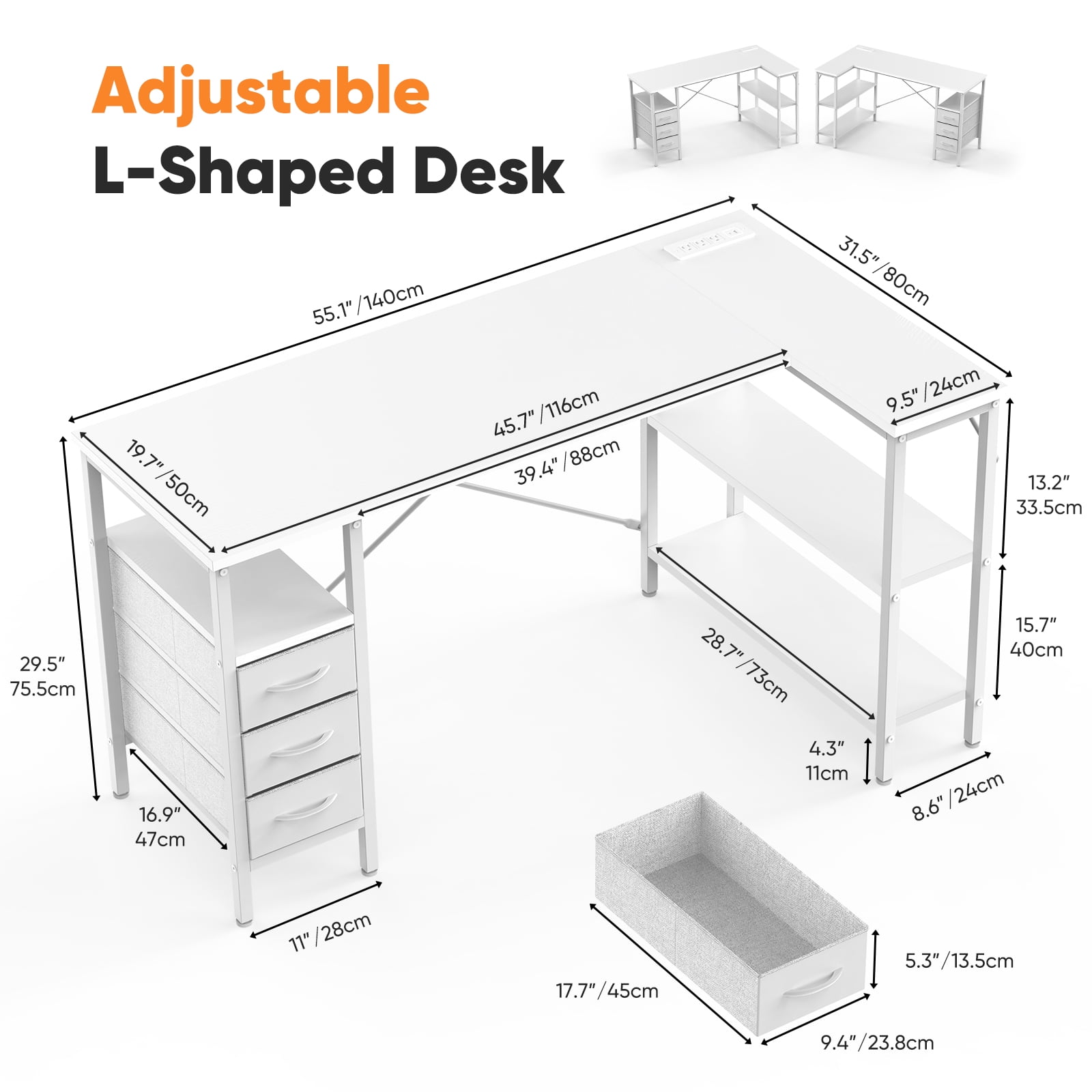 Gianna Modern L-Shaped Office Desk with Power Outlets, 55-Inch Computer Desk with 3 Drawers and Shelves for Home Office, Study, or Gaming, White
