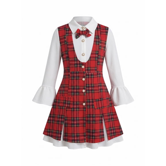 PureChapter Girls Dresses Spliced Plaid Christmas Dress Long Sleeve Bell Cuff Collared Holiday Party Dress 12