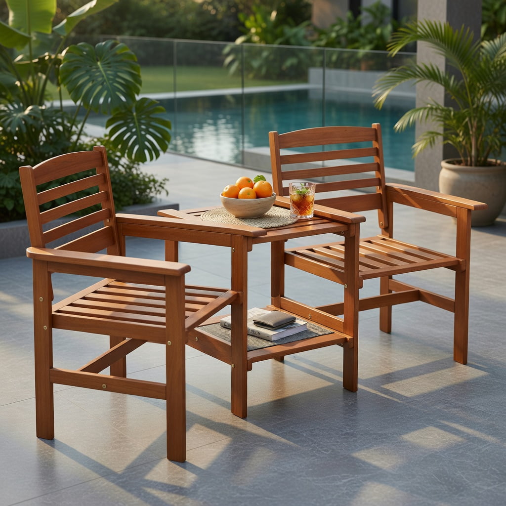 Hommoo Wood 2-Person Outdoor Patio Conversation Set with Coffee Table & Umbrella Hole, Rustic Backyard Seating for Deck, Poolside, or Garden, Natural