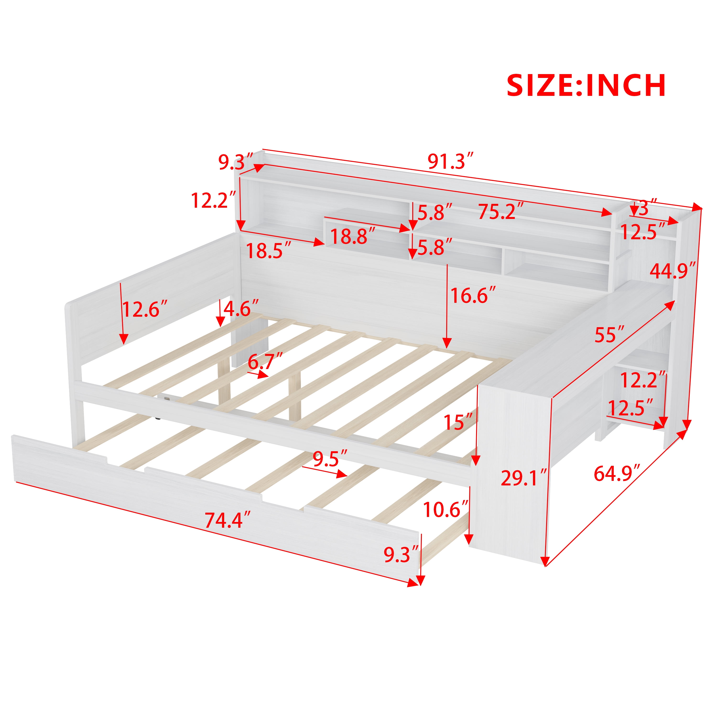 Euroco Wood Full Size Daybed with Trundle, Storage Captain Bed with Desk and Shelves, Twin