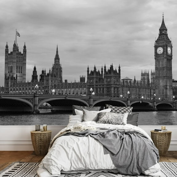 wall26 - Westminster Bridge with Big Ben in London, Black and White Version. - Removable Wall Mural | Self-Adhesive Large Wallpaper - 100x144 inches