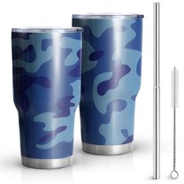 30oz Blue Camo Wavy Shapes Pattern Tumblers Stainless Steel Tumbler with Lid and Straw,Vacuum Insulated Double Wall Travel Tumbler Cups Mug with Cleaning Brush for Coffee,Tea