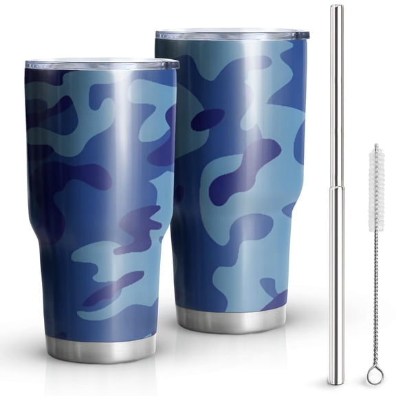 30oz Blue Camo Wavy Shapes Pattern Tumblers Stainless Steel Tumbler with Lid and Straw,Vacuum Insulated Double Wall Travel Tumbler Cups Mug with Cleaning Brush for Coffee,Tea