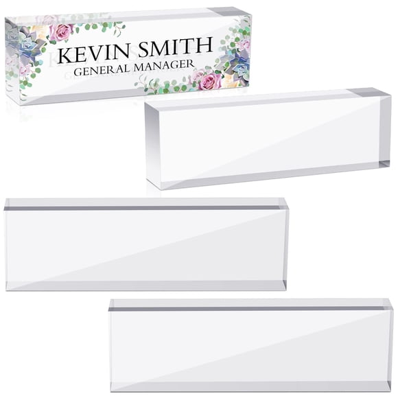 Marsui 4 Pcs Office Acrylic Name Plate Personalized Blank Custom Nameplate Clear Acrylic Glass Block for Desk Teacher Employees Gifts, 8 x 2.5 Inches