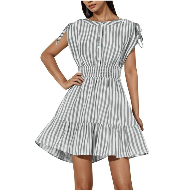 Vestido de Impresión de Rayas de las Mujeres, Cuello Redondo sin Mangas con Hebilla Decorativa de Correa de Hombro Y Cintura Elástica, Vestido Ligero