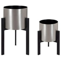 Kolding Modern Planter, Set of 2, Silver and Black, Elevated Industrial Tall Planter with Stand