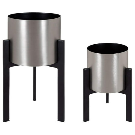 Kolding Modern Planter, Set of 2, Silver and Black, Elevated Industrial Tall Planter with Stand