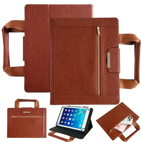 Portable Leather Tablet Case for 8 Inch Tablets with Handle, Business Handbag Stand Cover with Zipper Pocket & Card Slots, Microfiber Interior for iPad Mini/Samsung/LG/Lenovo 8” Tablet, Brown