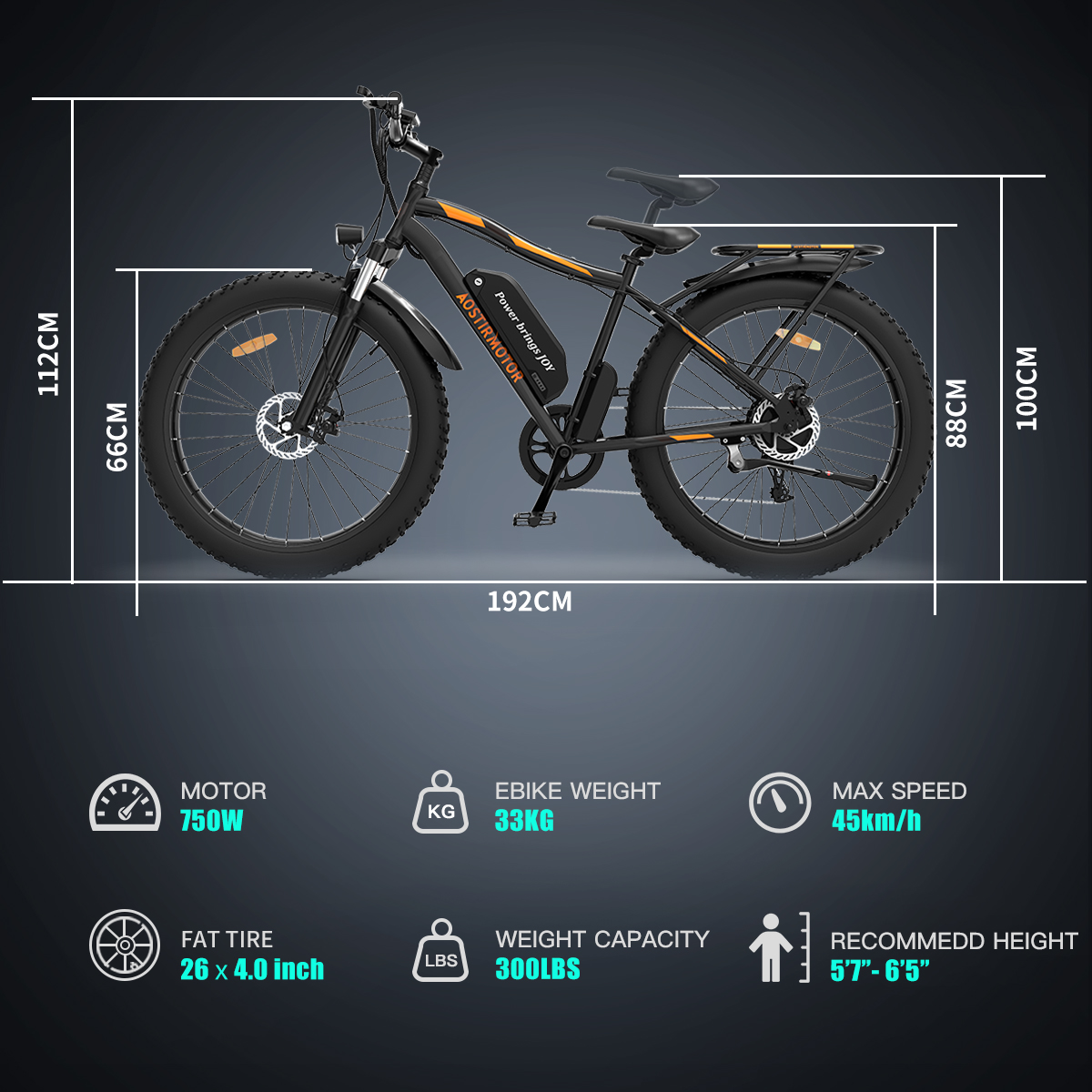 AOSTIRMOTOR Electric Bike，Ebike with 750W Motor 48V 13AH Removable Lithium  Battery with Rack and Fender,26x4.0 Inch Fat Tire Ebikes for Adults 