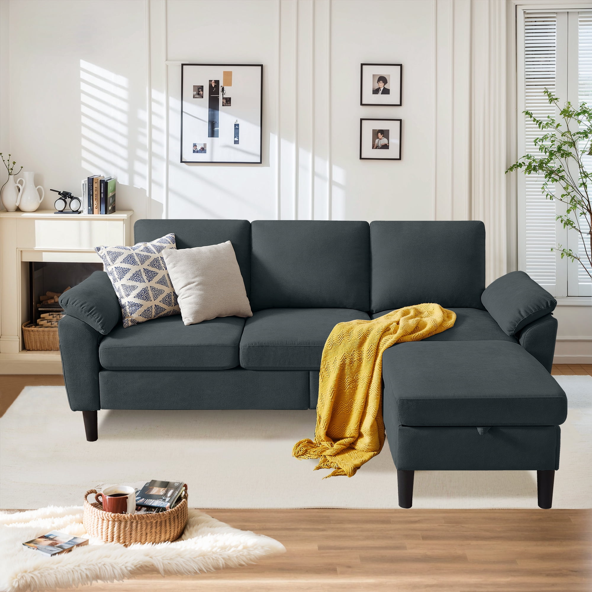 Pingliang Home 80" Sectional Sofa Couch,L Shaped 3 Seat with Reversible Storage Ottoman and Side Pockets, Modern Polyester Fabric Sofa Couches for Living Room Apartment Office Studio Small Space