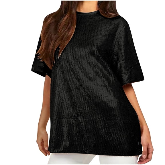 TKLPEHG Short Sleeve Tops for Women Crew Neck Sequined Top Loose Casual Comfy Summer Clothes Lightweight Solid Color Fashion Short Sleeve T Shirt Blouses (Black,M)